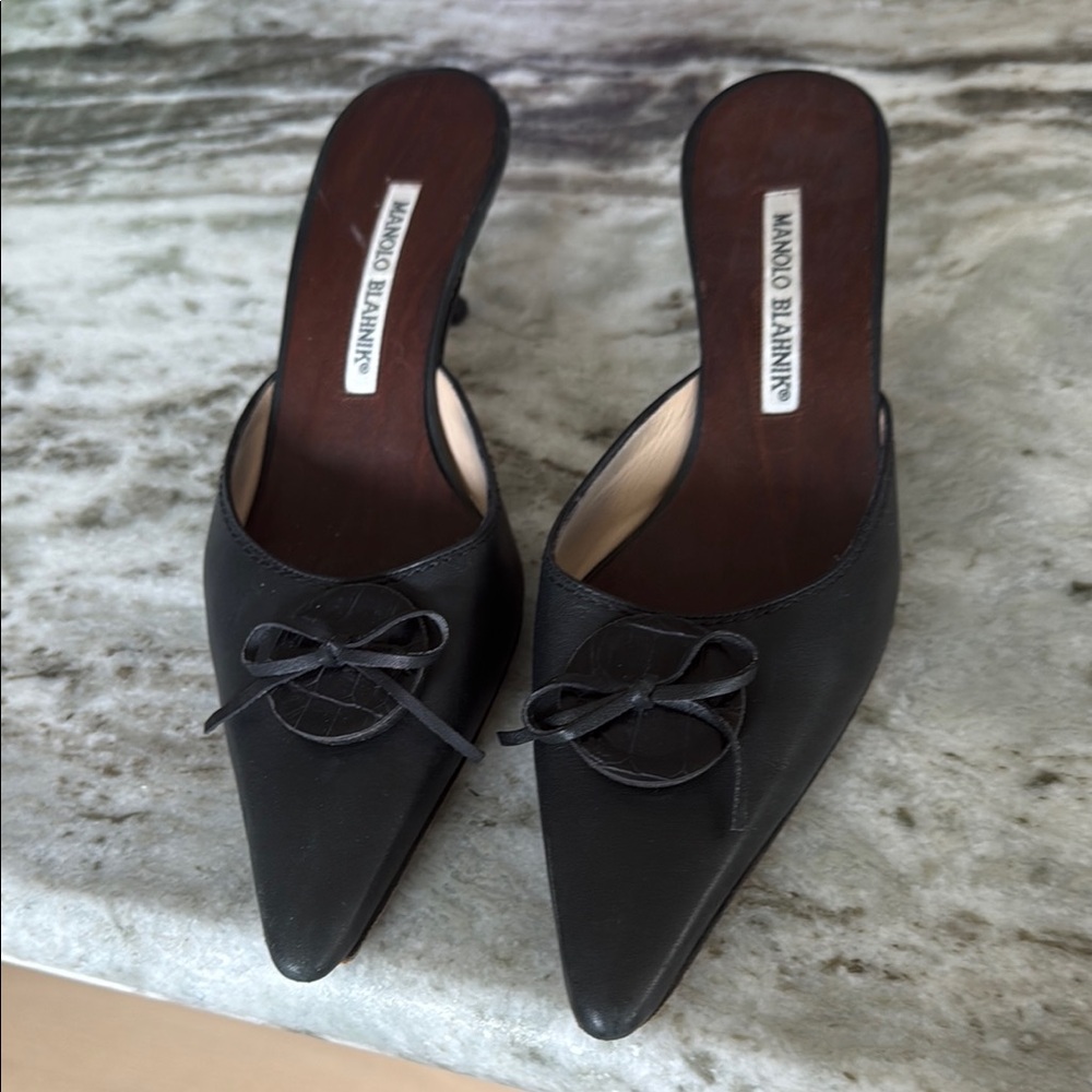 Manolo Blahnik Black Leather Mules